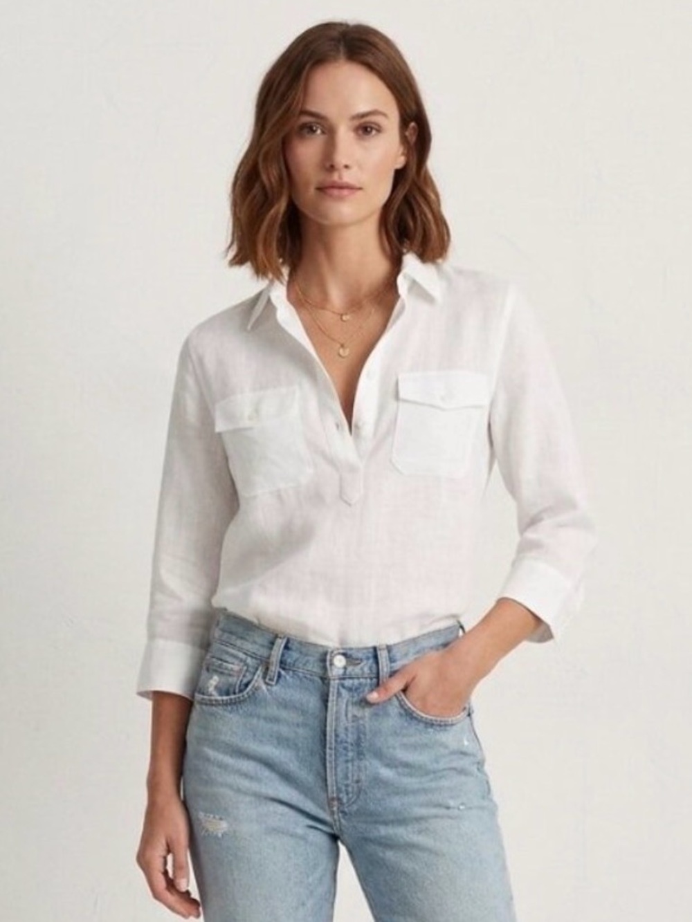 Lauren Ralph Lauren White 100% Linen Popover Shirt Utility Pocket Blouse Top XS